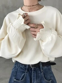 FRIFUL Women's Solid Color Round Neck Drop Shoulder Long Sleeve Casual T-Shirt - Apricot - View 1