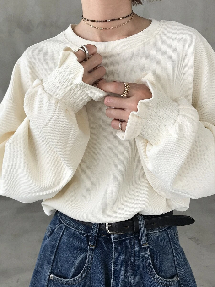 FRIFUL Women's Solid Color Round Neck Drop Shoulder Long Sleeve Casual T-Shirt - Apricot - View 1