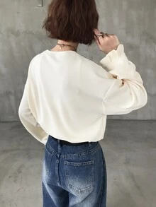 FRIFUL Women's Solid Color Round Neck Drop Shoulder Long Sleeve Casual T-Shirt - Apricot - View 2