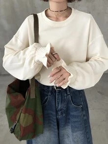 FRIFUL Women's Solid Color Round Neck Drop Shoulder Long Sleeve Casual T-Shirt - Apricot - View 8