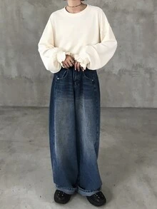 FRIFUL Women's Solid Color Round Neck Drop Shoulder Long Sleeve Casual T-Shirt - Apricot - View 6