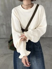 FRIFUL Women's Solid Color Round Neck Drop Shoulder Long Sleeve Casual T-Shirt - Apricot - View 5