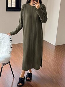 DAZY 極簡純色寬鬆下擺開衩居家休閒洋裝 - 軍綠色 - 查看 7