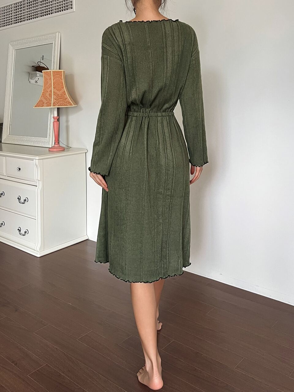 Women's Solid Color Drawstring Waist Long Sleeve Nightgown