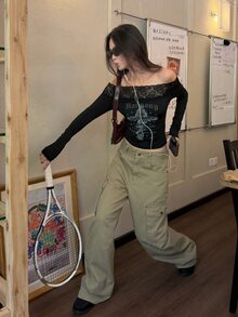 DAZY Women's Casual Loose Cargo Jeans, Versatile Girl Style, Denim Pants - Khaki - View 7