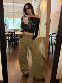 DAZY Women's Casual Loose Cargo Jeans, Versatile Girl Style, Denim Pants - Khaki - View 2