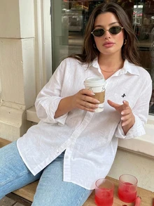 Dazy Plus Casual Elegant Versatile Spring/Summer Embroidered Pattern Loose Long Sleeve Shirt Collar White Blouse Fall Brunch Office - White - View 5