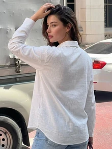 Dazy Plus Casual Elegant Versatile Spring/Summer Embroidered Pattern Loose Long Sleeve Shirt Collar White Blouse Fall Brunch Office - White - View 2