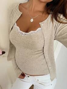 Dazy Maternity Contrast Lace Trim Fitted Camisole & Long Sleeve Cardigan Casual Vacation Korean Style Spring/Autumn Maternity 2 Pieces Set - Apricot - View 6