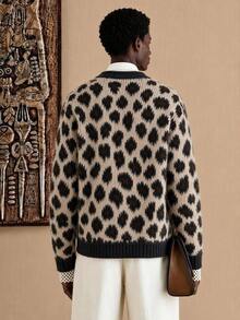 AKNOTIC Men's Leopard Print Casual Versatile Daily Wear Long Sleeve Sweater Halloween Winter Party Autumn - Apricot - View 4