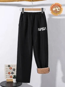 SHEIN 兒童青少年男孩休閒百搭保暖內裡加厚黑色工裝褲，百搭下裝，適合秋冬、學校、家庭聚會、度假、派對，秋季穿搭，冬季穿搭 - 黑色 - 查看 2
