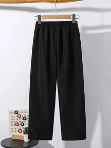 SHEIN 兒童青少年男孩休閒百搭保暖內裡加厚黑色工裝褲，百搭下裝，適合秋冬、學校、家庭聚會、度假、派對，秋季穿搭，冬季穿搭 - 黑色 - 查看 4