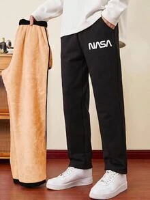 SHEIN 兒童青少年男孩休閒百搭保暖內裡加厚黑色工裝褲，百搭下裝，適合秋冬、學校、家庭聚會、度假、派對，秋季穿搭，冬季穿搭 - 黑色 - 查看 3