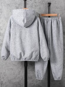 SHEIN 兒童青少年男孩休閒極簡百搭保暖內裡加厚連帽外套與慢跑褲套裝，適合秋冬、學校、家庭聚會、度假、派對，秋季穿搭，冬季穿搭 - 灰色 - 查看 4