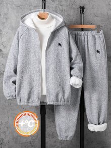 SHEIN 兒童青少年男孩休閒極簡百搭保暖內裡加厚連帽外套與慢跑褲套裝，適合秋冬、學校、家庭聚會、度假、派對，秋季穿搭，冬季穿搭 - 灰色 - 查看 3