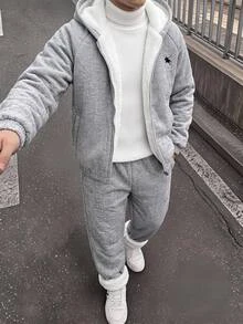 SHEIN 兒童青少年男孩休閒極簡百搭保暖內裡加厚連帽外套與慢跑褲套裝，適合秋冬、學校、家庭聚會、度假、派對，秋季穿搭，冬季穿搭 - 灰色 - 查看 1