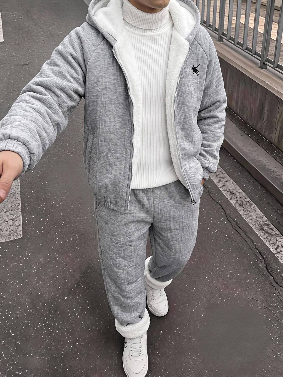 SHEIN 兒童青少年男孩休閒極簡百搭保暖內裡加厚連帽外套與慢跑褲套裝,適合秋冬、學校、家庭聚會、度假、派對,秋季穿搭,冬季穿搭 - 灰色 - 查看 1