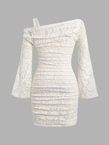 SHEIN Tween Girl Lace Elegant Kids Party Fitted Cream Dress, Cold Shoulder Flare Sleeve Dress - Apricot - View 3