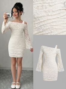 SHEIN Tween Girl Lace Elegant Kids Party Fitted Cream Dress, Cold Shoulder Flare Sleeve Dress - Apricot - View 13