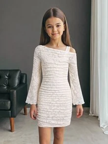 SHEIN Tween Girl Lace Elegant Kids Party Fitted Cream Dress, Cold Shoulder Flare Sleeve Dress - Apricot - View 11