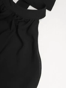 SHEIN 兒童青少年女孩純黑色百褶掛脖蕾絲下擺時尚度假派對洋裝 - 黑色 - 查看 8