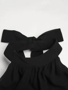 SHEIN 兒童青少年女孩純黑色百褶掛脖蕾絲下擺時尚度假派對洋裝 - 黑色 - 查看 4