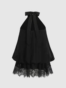 SHEIN 兒童青少年女孩純黑色百褶掛脖蕾絲下擺時尚度假派對洋裝 - 黑色 - 查看 3