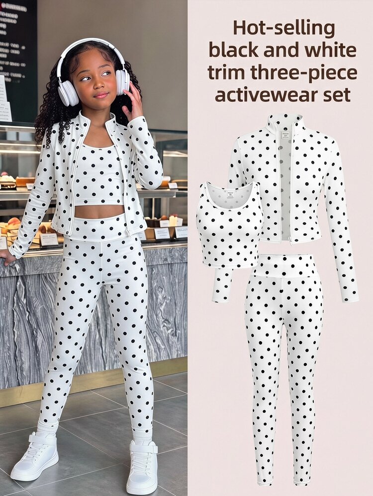 SHEIN Tween Girl 1pc Polka Kids Dot Print Zip Up Jacket & 1pc Leggings & 1pc Tank Top - Black and White - View 14