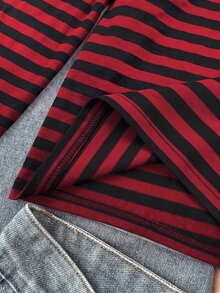 SHEIN 青少年女孩 T-Shirt 春秋冬新款針織復古 Y2K 風格條紋小 V 領休閒極簡長袖毛衣，返校季街頭休閒風修身版型 - 紅色 - 查看 6