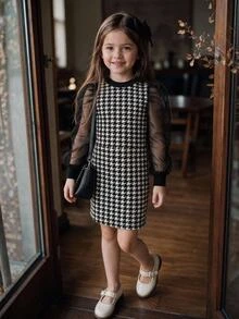 SHEIN Kids Young Girl Knitted Plaid Contrast Mesh Puff Sleeve Casual Dress - Multicolor - View 1
