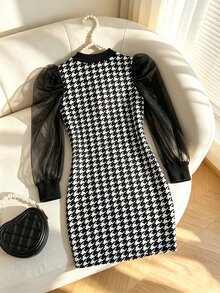 SHEIN Kids Young Girl Knitted Plaid Contrast Mesh Puff Sleeve Casual Dress - Multicolor - View 7