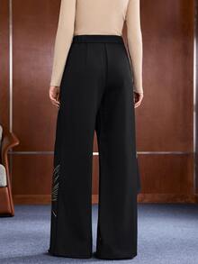 Anewsta Women's New Urban Modern Elegant Floral Print Asymmetrical Hem Design High Waist Draped Long Pants - Black - View 4
