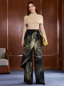 Anewsta Women's New Urban Modern Elegant Floral Print Asymmetrical Hem Design High Waist Draped Long Pants - Black - View 1