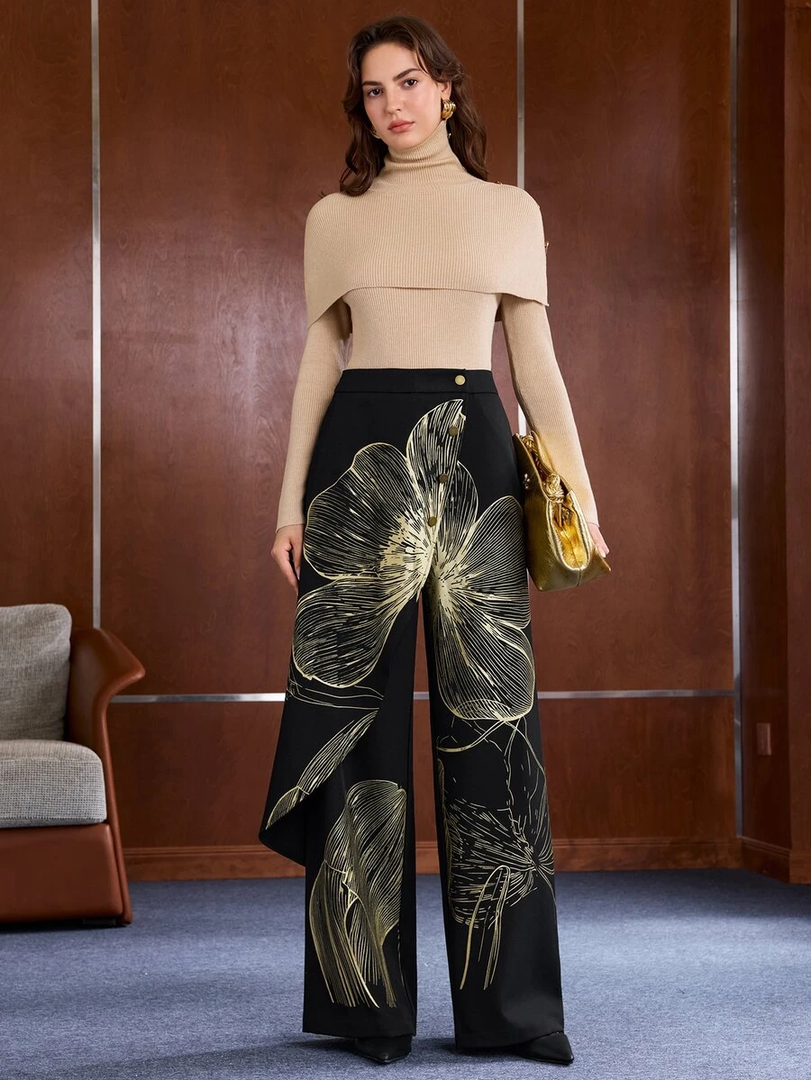 Anewsta Women's New Urban Modern Elegant Floral Print Asymmetrical Hem Design High Waist Draped Long Pants - Black - View 1