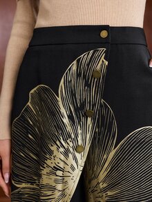 Anewsta Women's New Urban Modern Elegant Floral Print Asymmetrical Hem Design High Waist Draped Long Pants - Black - View 2