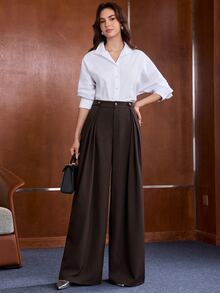 Anewsta Women's Fall/Winter Coffee Brown High Waisted Tummy Control Side Pleated Hip Flattering Wide Leg Trousers, Elegant Business Office Brunch Work Outfits - Brown - View 4