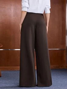 Anewsta Women's Fall/Winter Coffee Brown High Waisted Tummy Control Side Pleated Hip Flattering Wide Leg Trousers, Elegant Business Office Brunch Work Outfits - Brown - View 2