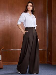 Anewsta Women's Fall/Winter Coffee Brown High Waisted Tummy Control Side Pleated Hip Flattering Wide Leg Trousers, Elegant Business Office Brunch Work Outfits - Brown - View 5