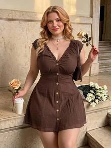 SHEIN MOD Plus Size Women's Solid Color Frill Trim V-Neck Single-Breasted Casual Dress - Brown - View 7