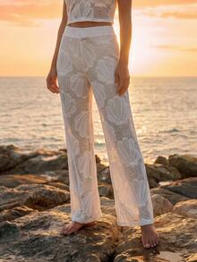 CAJUNI Women's Shell Pattern Hollow Out Casual Vacation Cover-Up Pants - White - View 4