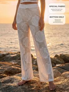 CAJUNI Women's Shell Pattern Hollow Out Casual Vacation Cover-Up Pants - White - View 10