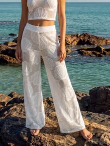 CAJUNI Women's Shell Pattern Hollow Out Casual Vacation Cover-Up Pants - White - View 11