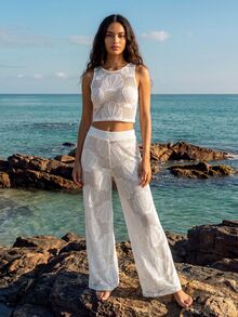 CAJUNI Women's Shell Pattern Hollow Out Casual Vacation Cover-Up Pants - White - View 7