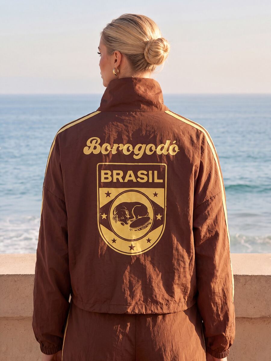 CAJUNI Brown Sports Jacket With Zipper, Adjustable Waist, "Brasil Borogodó" Print - Brown - View 1
