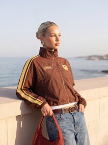 CAJUNI Brown Sports Jacket With Zipper, Adjustable Waist, "Brasil Borogodó" Print - Brown - View 2