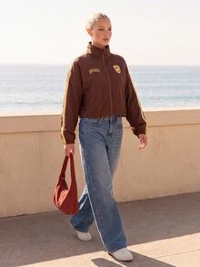 CAJUNI Brown Sports Jacket With Zipper, Adjustable Waist, "Brasil Borogodó" Print - Brown - View 5