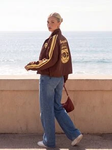 CAJUNI Brown Sports Jacket With Zipper, Adjustable Waist, "Brasil Borogodó" Print - Brown - View 7