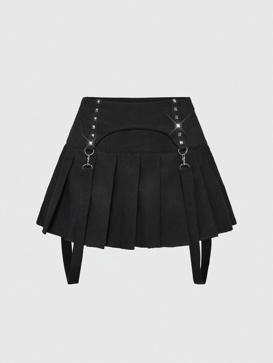 ROMWE Goth Punk Style Studded Women's Low Waist Pleated Mini Skirt - Black - View 1