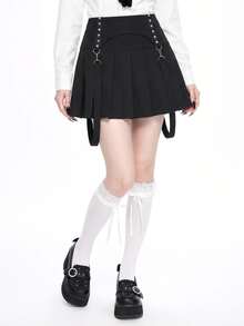 ROMWE Goth Punk Style Studded Women's Low Waist Pleated Mini Skirt - Black - View 3