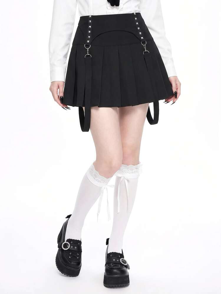 ROMWE Goth Punk Style Studded Women's Low Waist Pleated Mini Skirt - Black - View 3